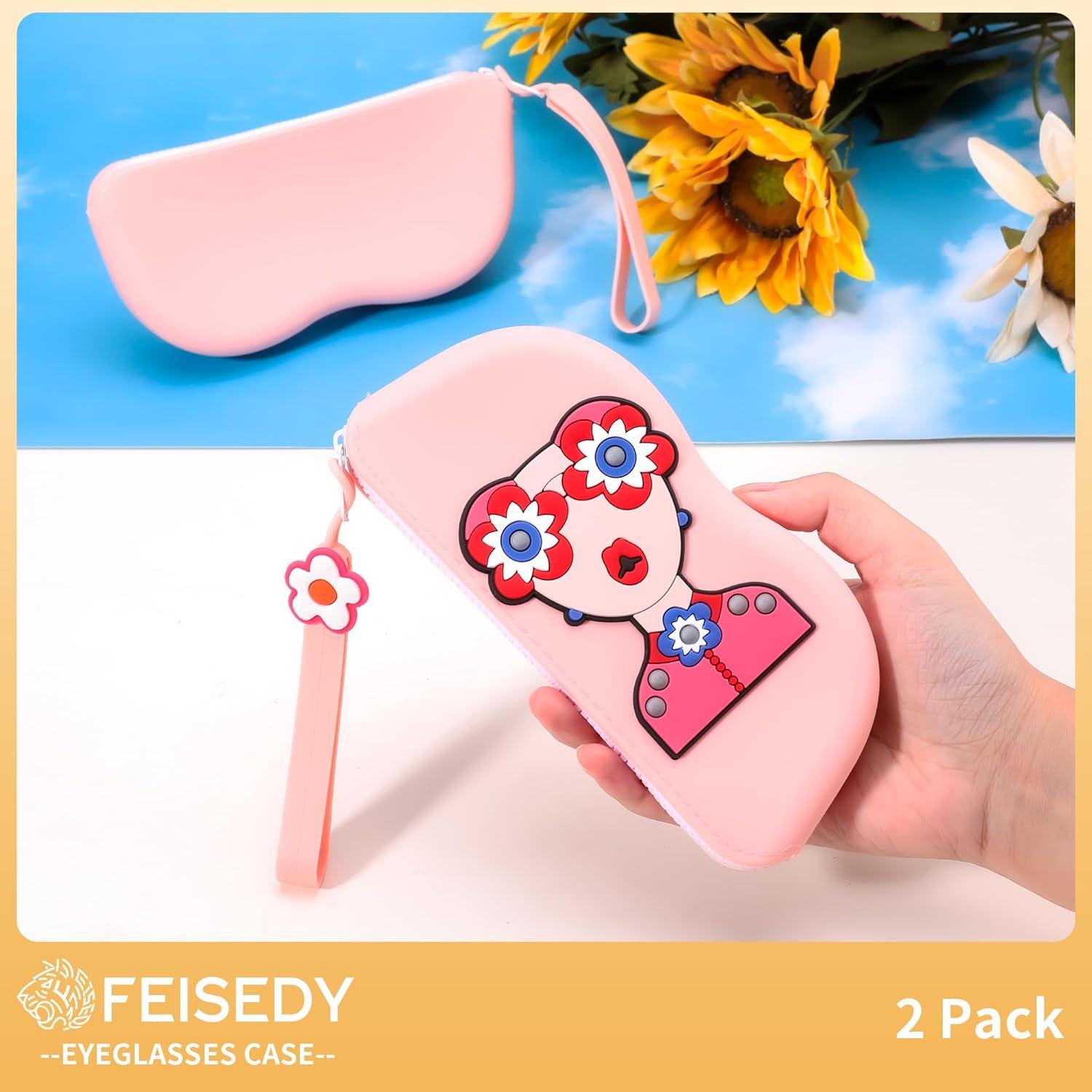 image:imageFEISEDY 2Pack Cartoon Silicone Glasses Pouch with Carrying Strap Cute Protective Eyewear Case for Travel B0386Pink