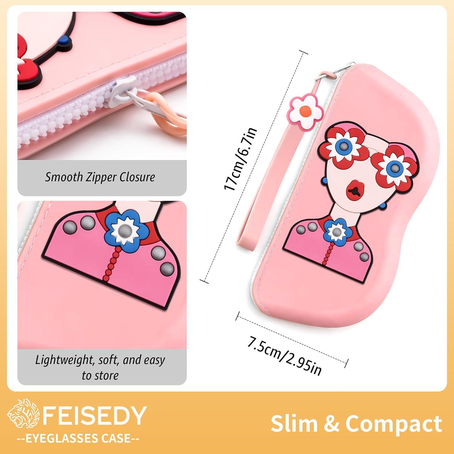 image:imageFEISEDY 2Pack Cartoon Silicone Glasses Pouch with Carrying Strap Cute Protective Eyewear Case for Travel B0386Pink