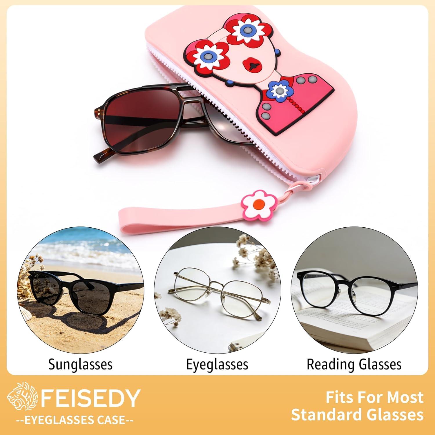 image:imageFEISEDY 2Pack Cartoon Silicone Glasses Pouch with Carrying Strap Cute Protective Eyewear Case for Travel B0386Pink