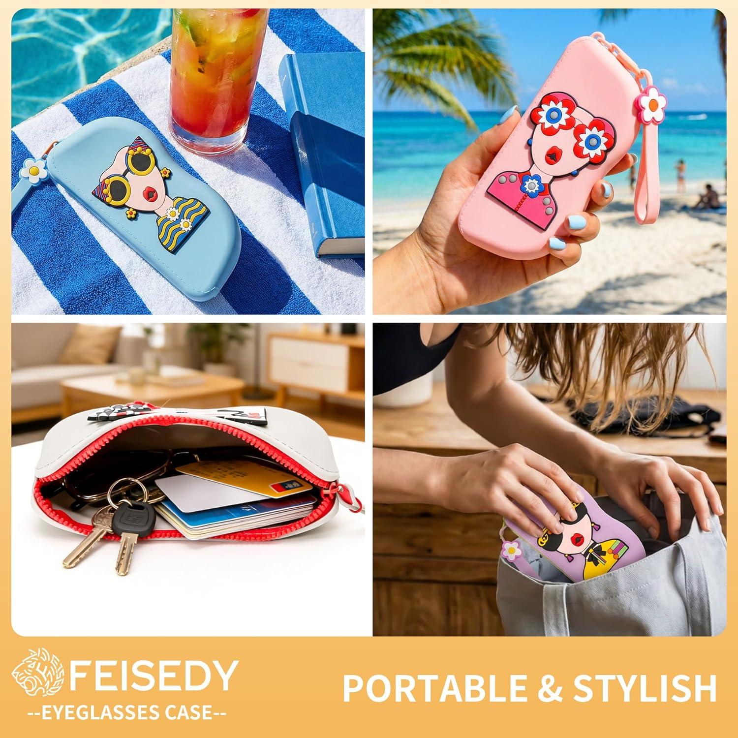 image:imageFEISEDY 2Pack Cartoon Silicone Glasses Pouch with Carrying Strap Cute Protective Eyewear Case for Travel B0386Pink