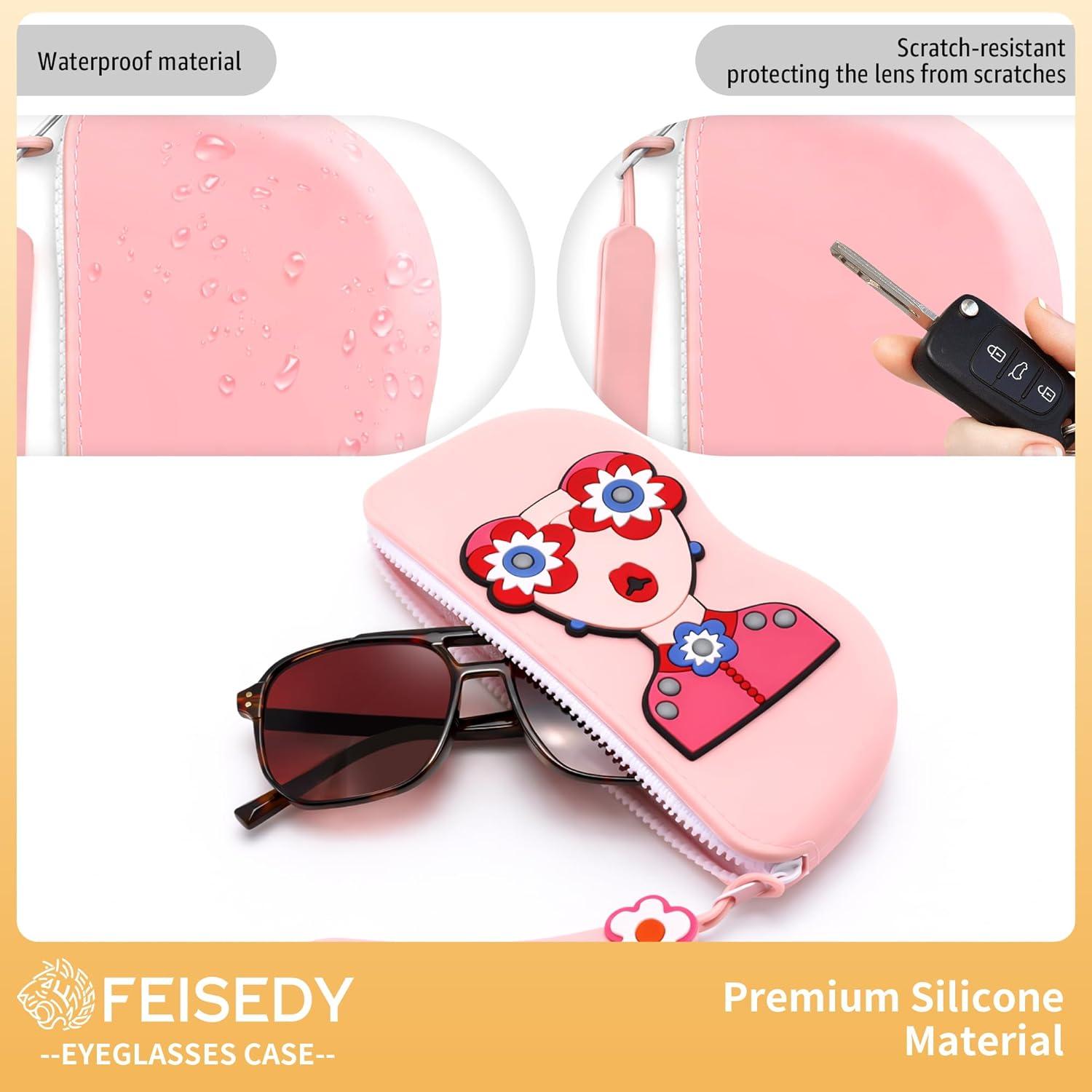 image:imageFEISEDY 2Pack Cartoon Silicone Glasses Pouch with Carrying Strap Cute Protective Eyewear Case for Travel B0386Pink