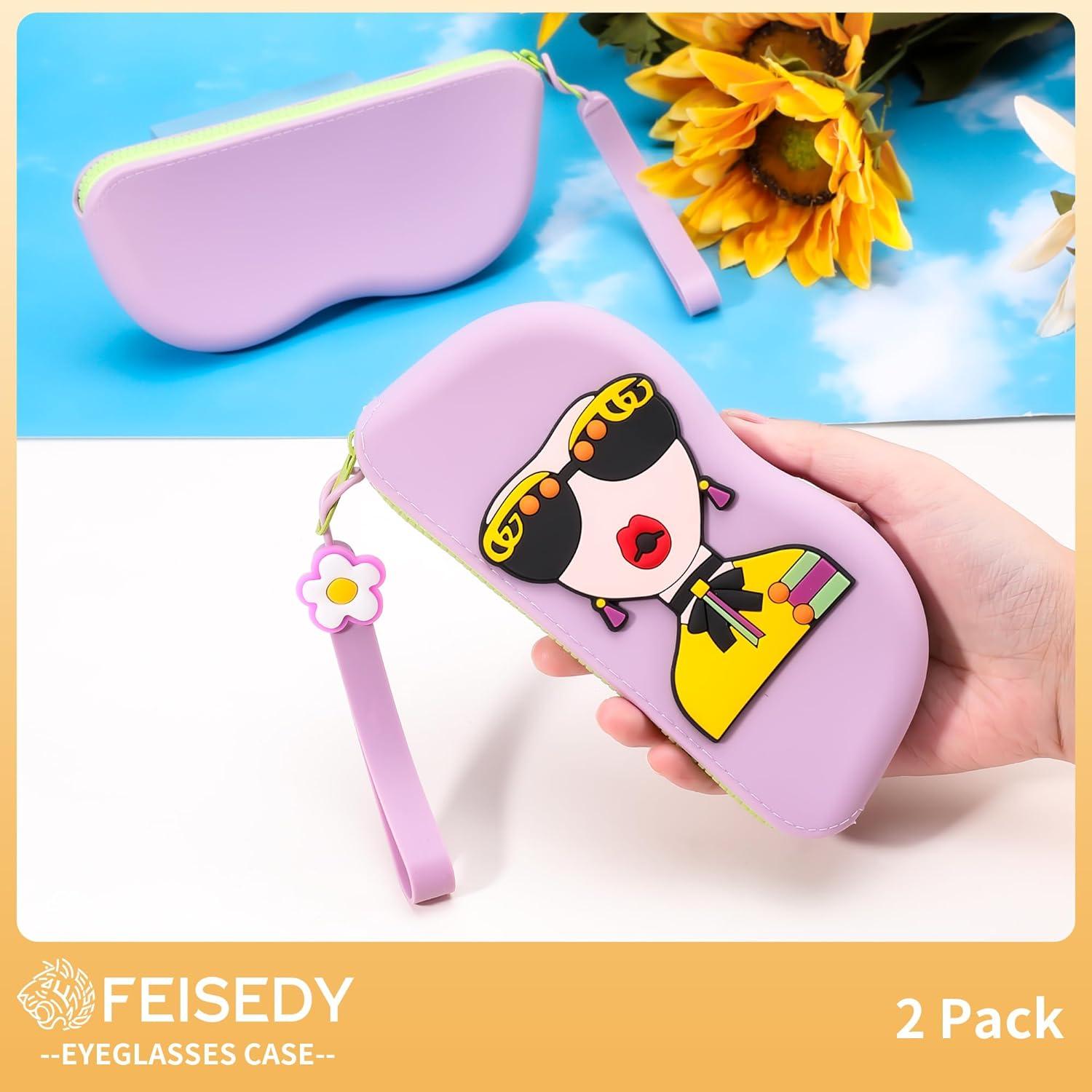 image:imageFEISEDY 2Pack Cartoon Silicone Glasses Pouch with Carrying Strap Cute Protective Eyewear Case for Travel B0386Purple