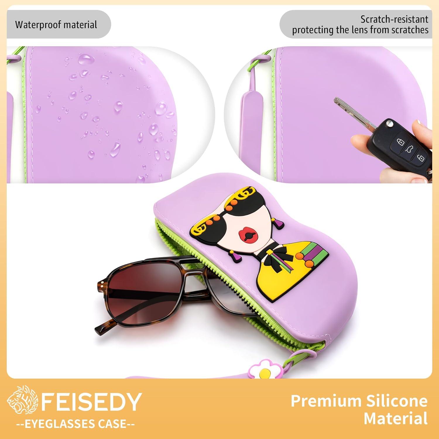 image:imageFEISEDY 2Pack Cartoon Silicone Glasses Pouch with Carrying Strap Cute Protective Eyewear Case for Travel B0386Purple