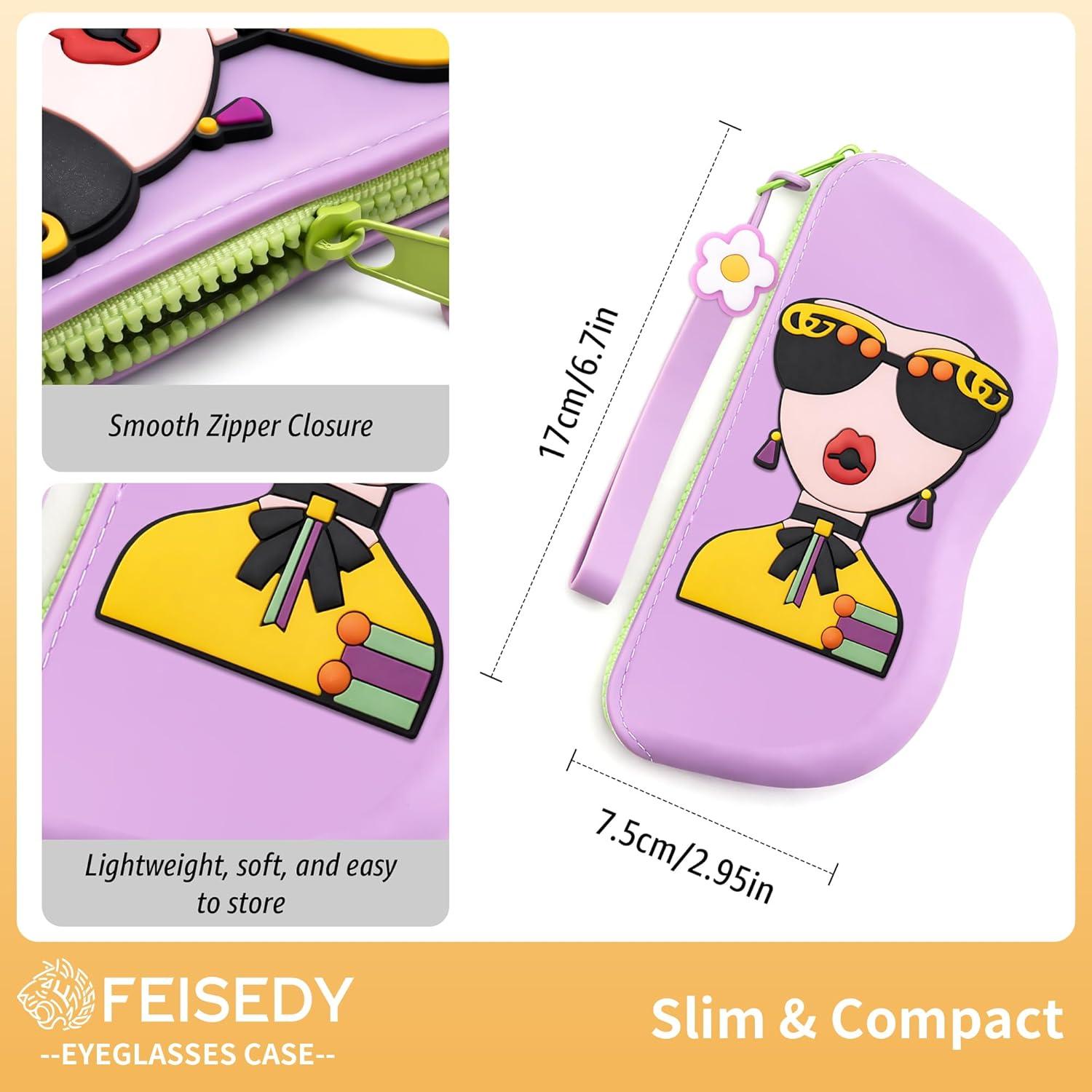 image:imageFEISEDY 2Pack Cartoon Silicone Glasses Pouch with Carrying Strap Cute Protective Eyewear Case for Travel B0386Purple