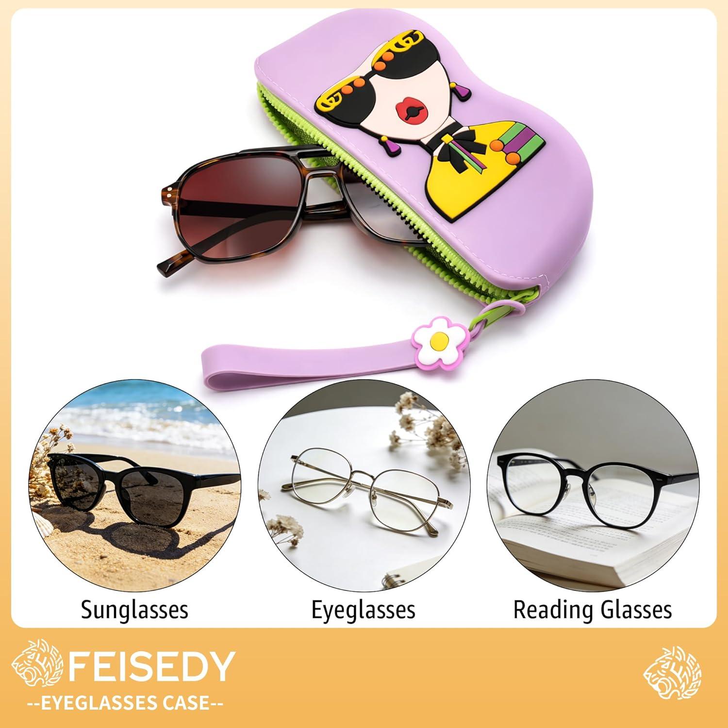 image:imageFEISEDY 2Pack Cartoon Silicone Glasses Pouch with Carrying Strap Cute Protective Eyewear Case for Travel B0386Purple