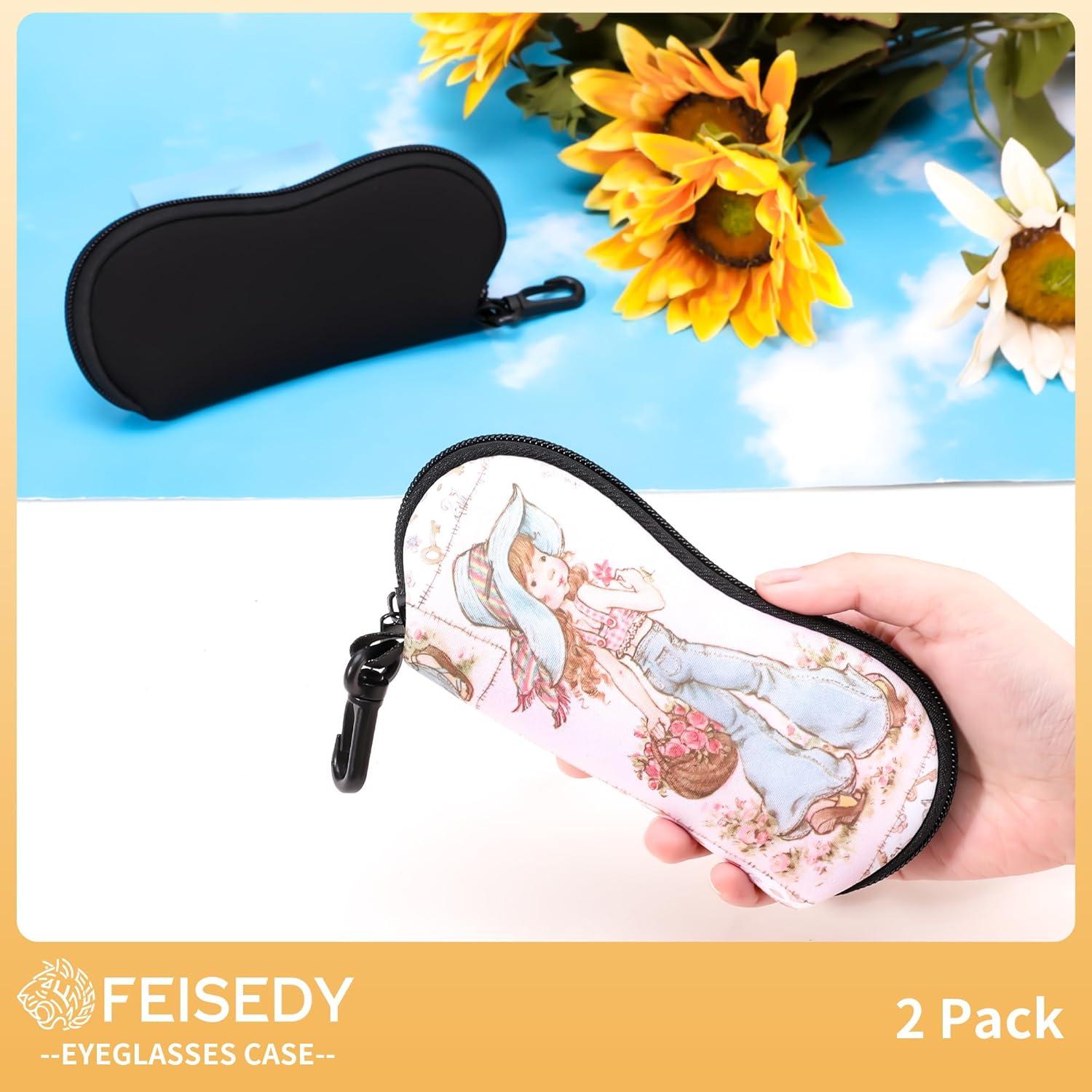 image:imageFEISEDY 2Pack Sunglasses Soft Case Ultra Light Neoprene Zipper Portable Eyeglass Pouch with Belt Clip B0385Black Flower Basket Girl