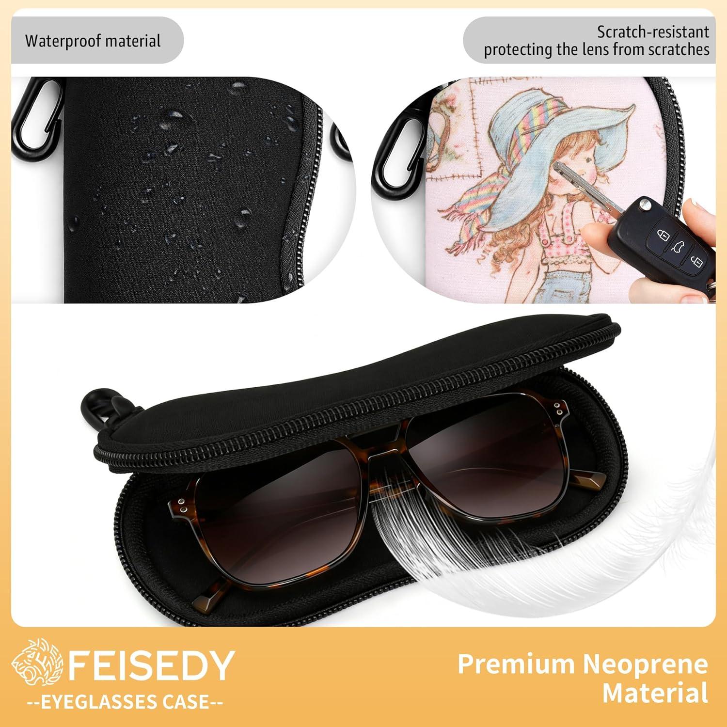 image:imageFEISEDY 2Pack Sunglasses Soft Case Ultra Light Neoprene Zipper Portable Eyeglass Pouch with Belt Clip B0385Black Flower Basket Girl