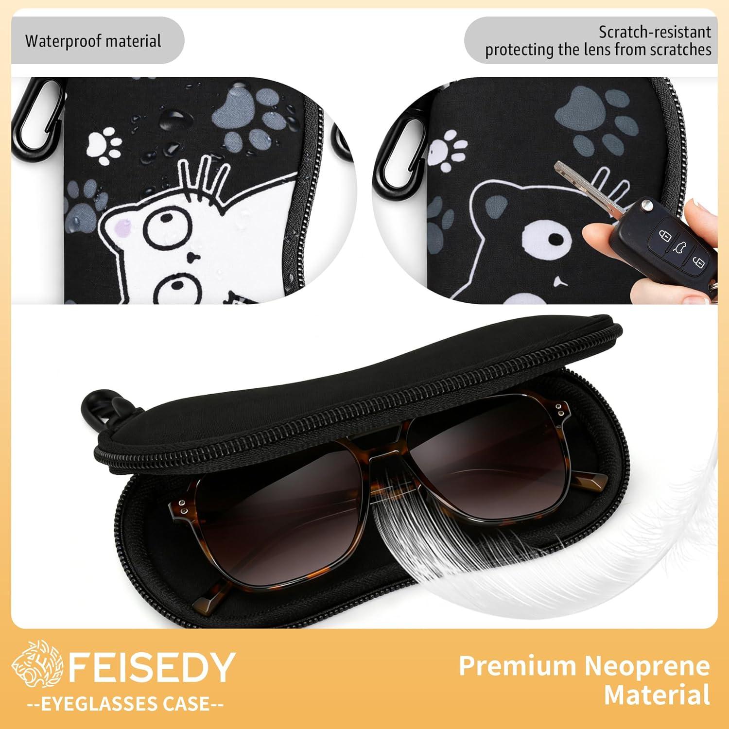 image:imageFEISEDY 2Pack Sunglasses Soft Case Ultra Light Neoprene Zipper Portable Eyeglass Pouch with Belt Clip B0385Black Cat White Cat