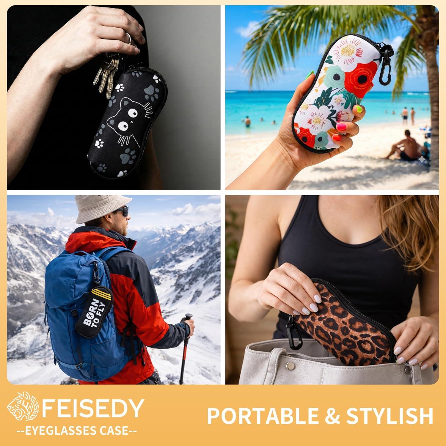 image:imageFEISEDY 2Pack Sunglasses Soft Case Ultra Light Neoprene Zipper Portable Eyeglass Pouch with Belt Clip B0385Black Cat White Cat