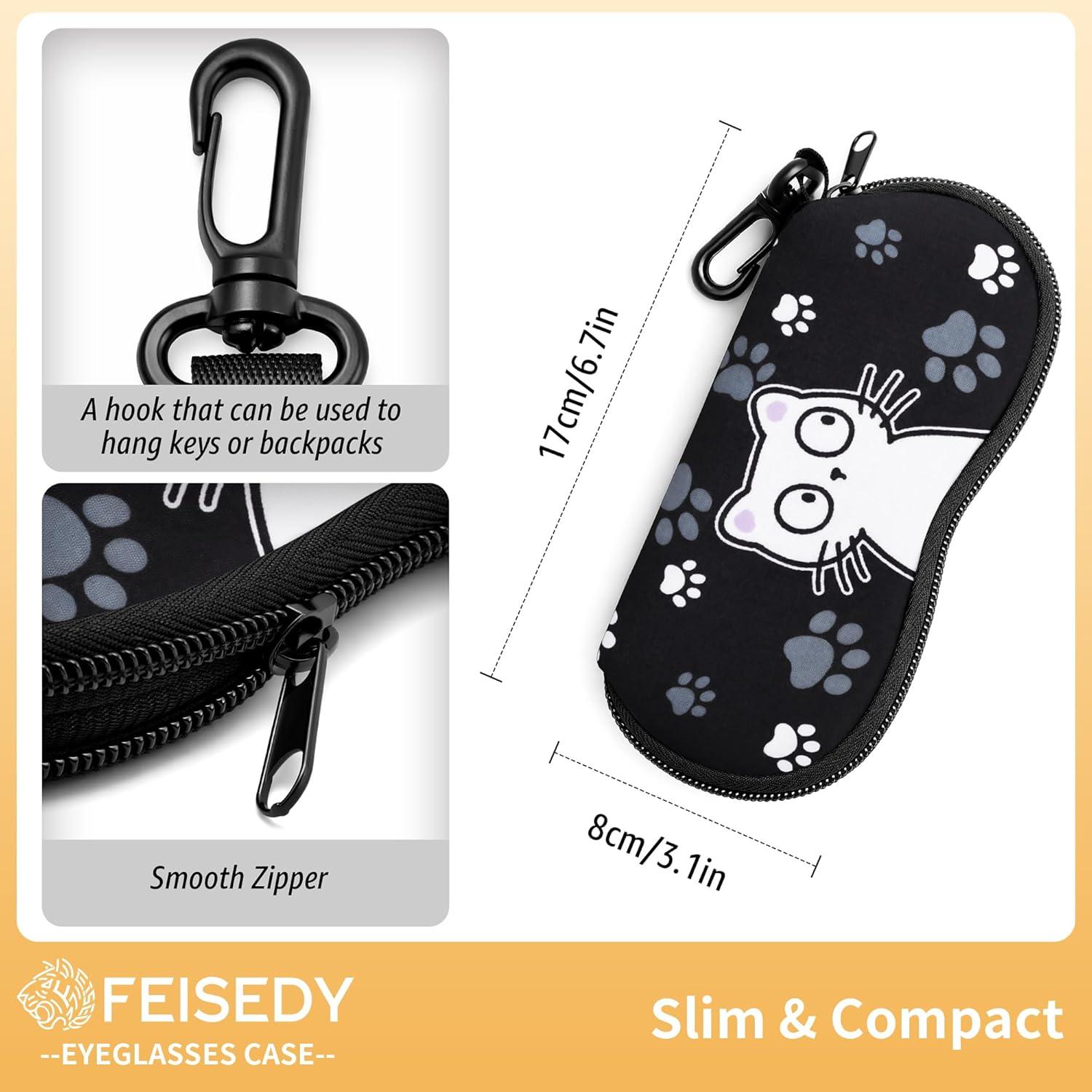 image:imageFEISEDY 2Pack Sunglasses Soft Case Ultra Light Neoprene Zipper Portable Eyeglass Pouch with Belt Clip B0385Black Cat White Cat