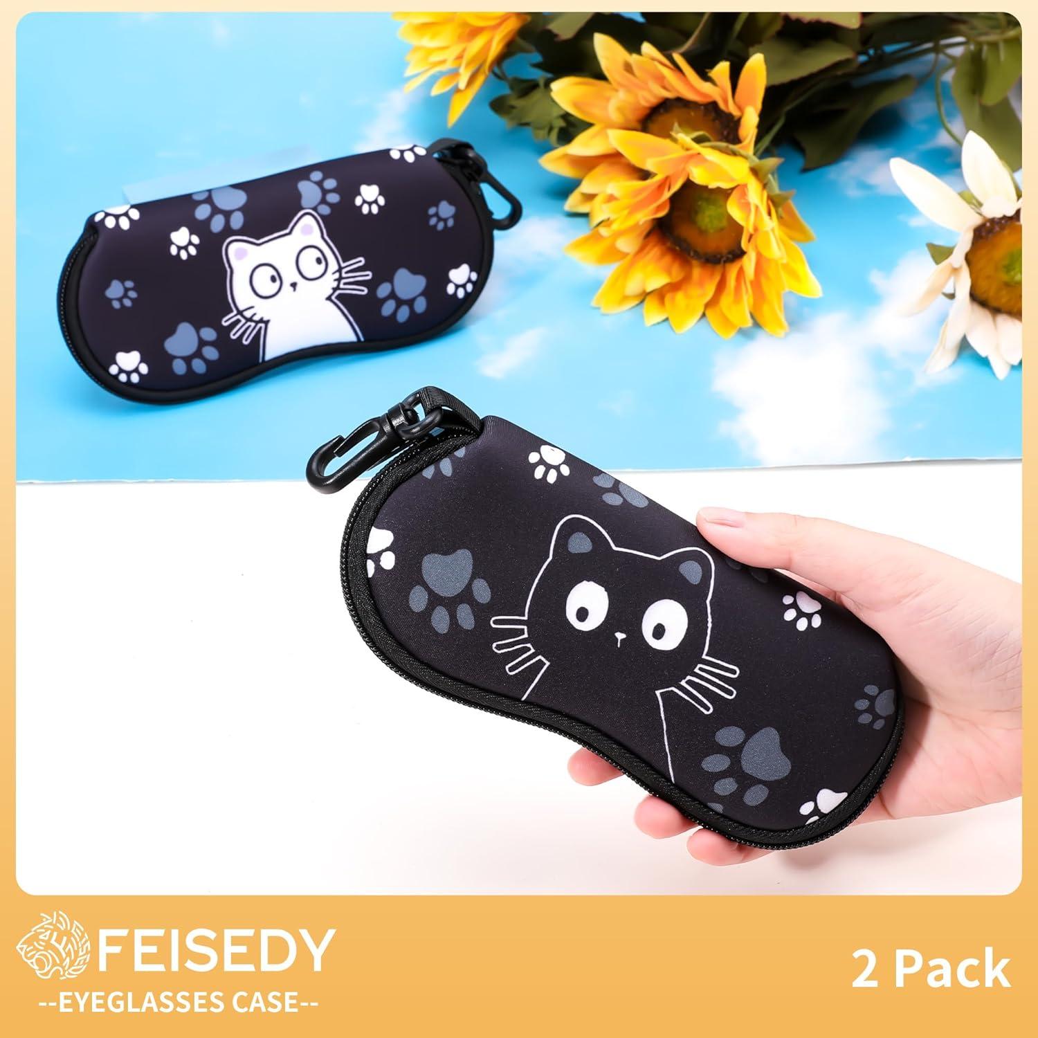 image:imageFEISEDY 2Pack Sunglasses Soft Case Ultra Light Neoprene Zipper Portable Eyeglass Pouch with Belt Clip B0385Black Cat White Cat