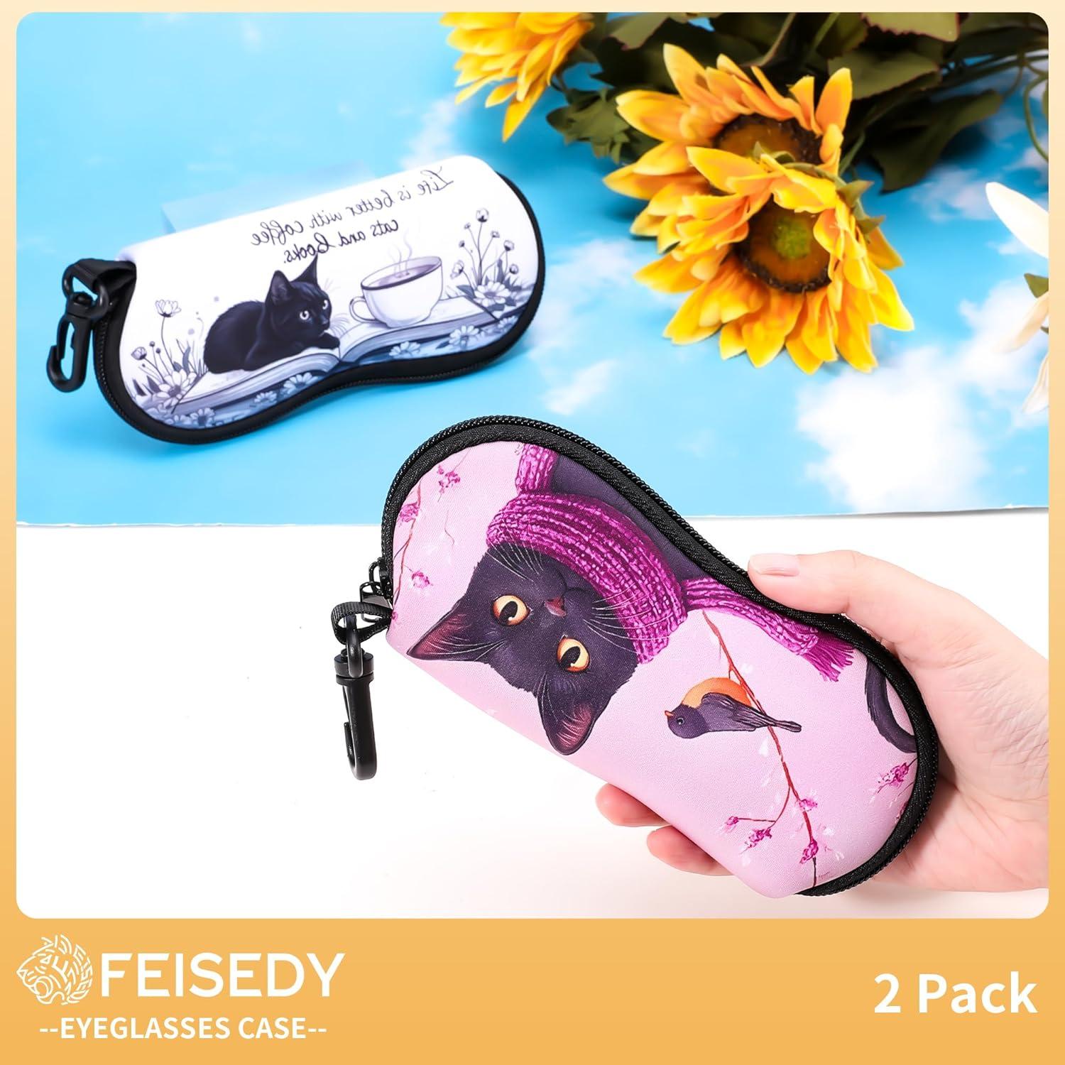 image:imageFEISEDY 2Pack Sunglasses Soft Case Ultra Light Neoprene Zipper Portable Eyeglass Pouch with Belt Clip B0385Coffee Cat Scarf Cat