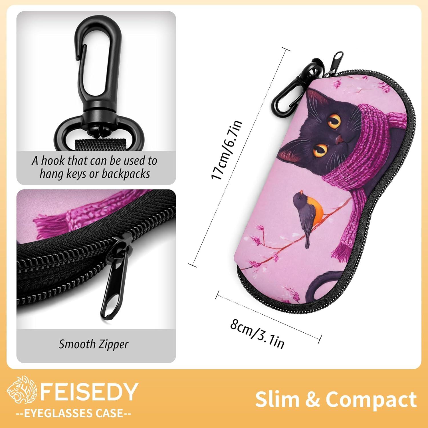 image:imageFEISEDY 2Pack Sunglasses Soft Case Ultra Light Neoprene Zipper Portable Eyeglass Pouch with Belt Clip B0385Coffee Cat Scarf Cat