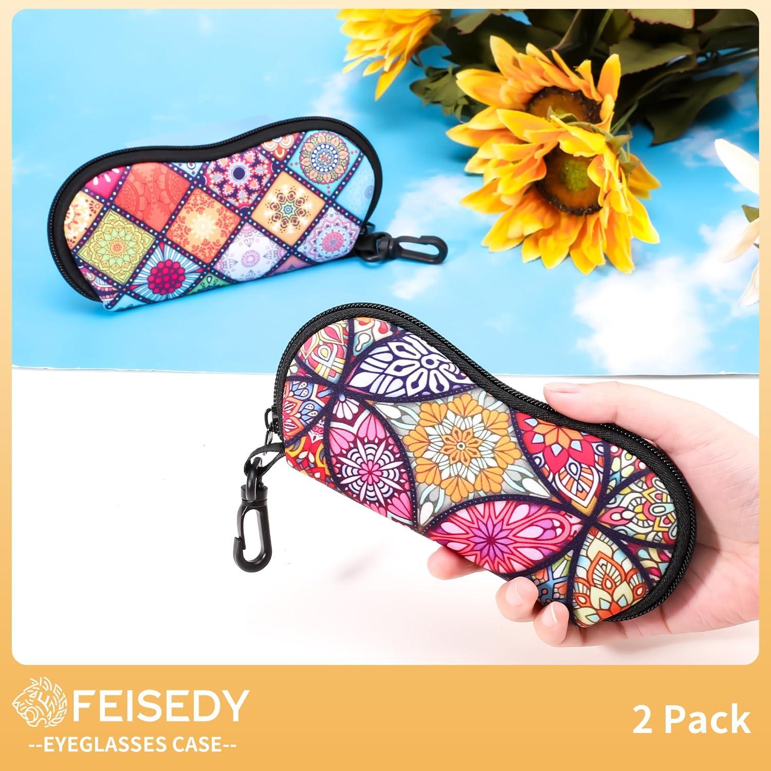 image:imageFEISEDY 2Pack Sunglasses Soft Case Ultra Light Neoprene Zipper Portable Eyeglass Pouch with Belt Clip B0385Mandala Ethnic Style Colorful Mandala Petals