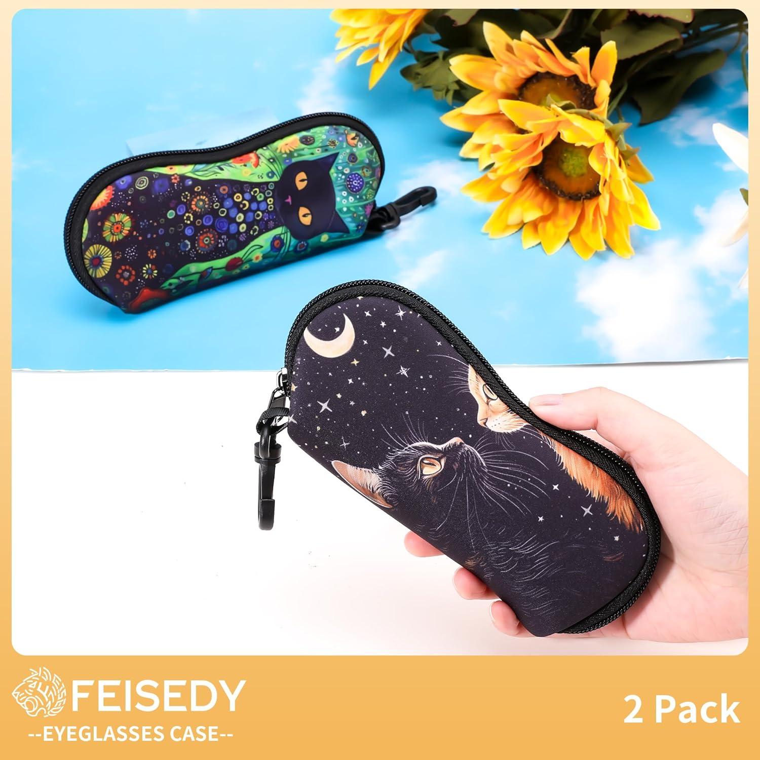 image:imageFEISEDY 2Pack Sunglasses Soft Case Ultra Light Neoprene Zipper Portable Eyeglass Pouch with Belt Clip B0385Moon Cat Flower Cat