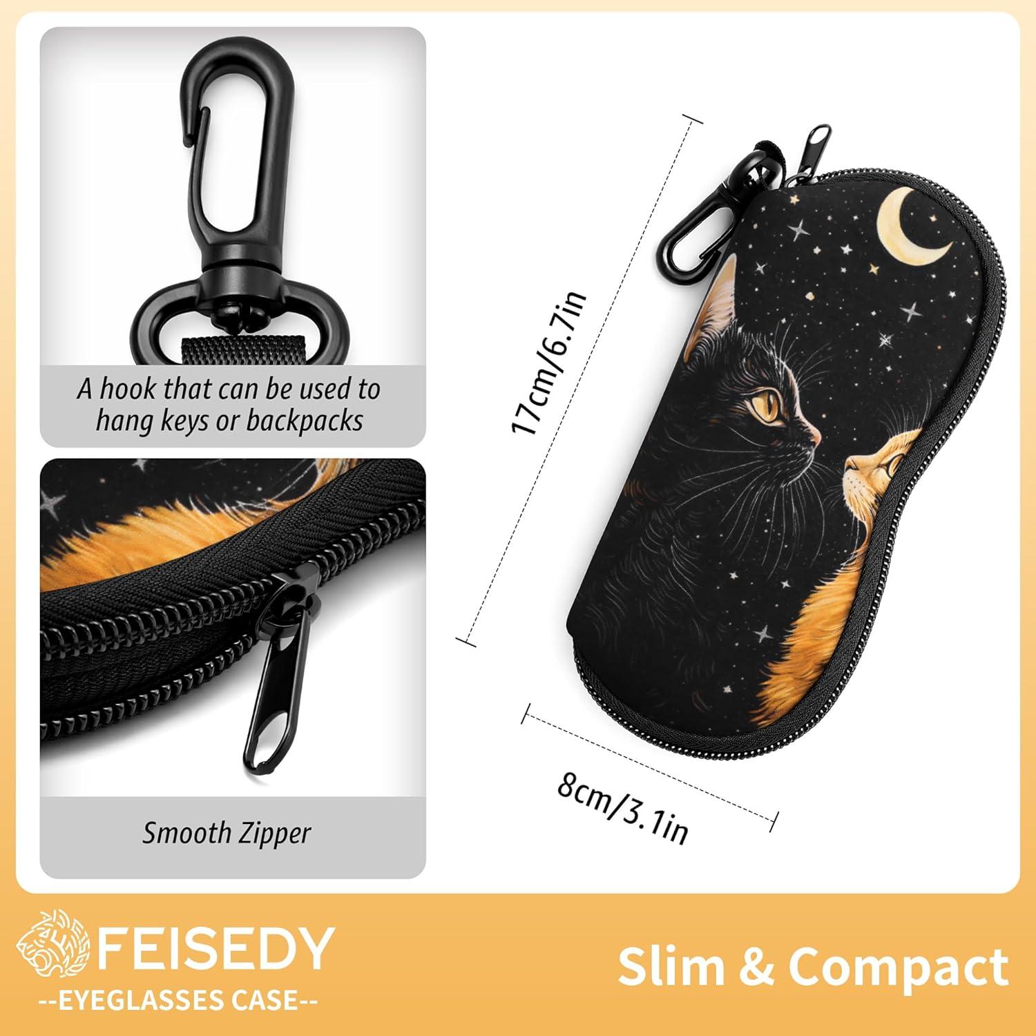 image:imageFEISEDY 2Pack Sunglasses Soft Case Ultra Light Neoprene Zipper Portable Eyeglass Pouch with Belt Clip B0385Moon Cat Flower Cat