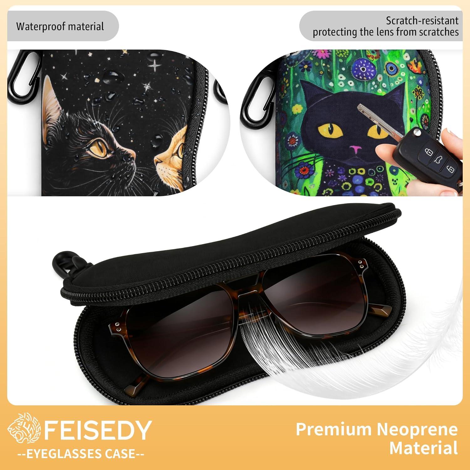 image:imageFEISEDY 2Pack Sunglasses Soft Case Ultra Light Neoprene Zipper Portable Eyeglass Pouch with Belt Clip B0385Moon Cat Flower Cat