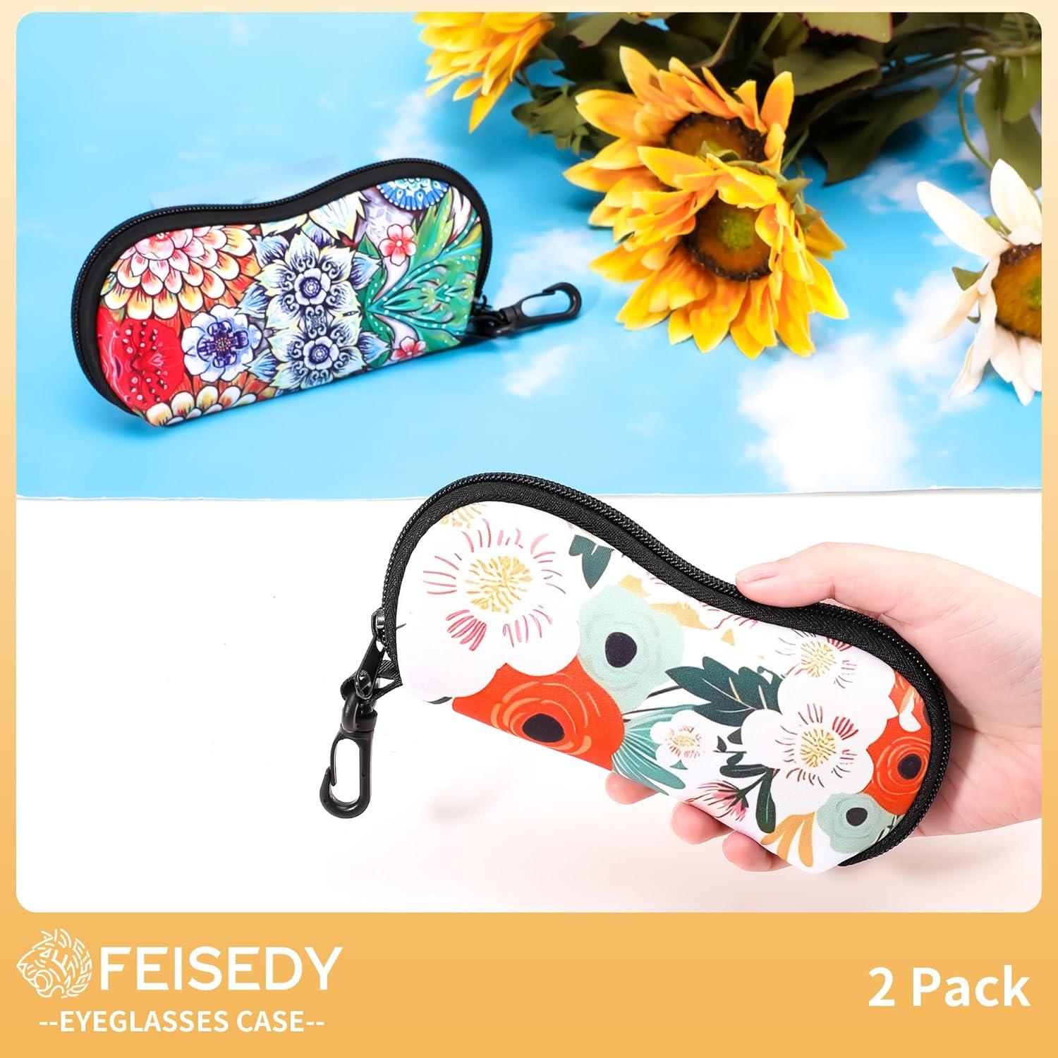 image:imageFEISEDY 2Pack Sunglasses Soft Case Ultra Light Neoprene Zipper Portable Eyeglass Pouch with Belt Clip B0385Three Flowers Brilliant Flowers
