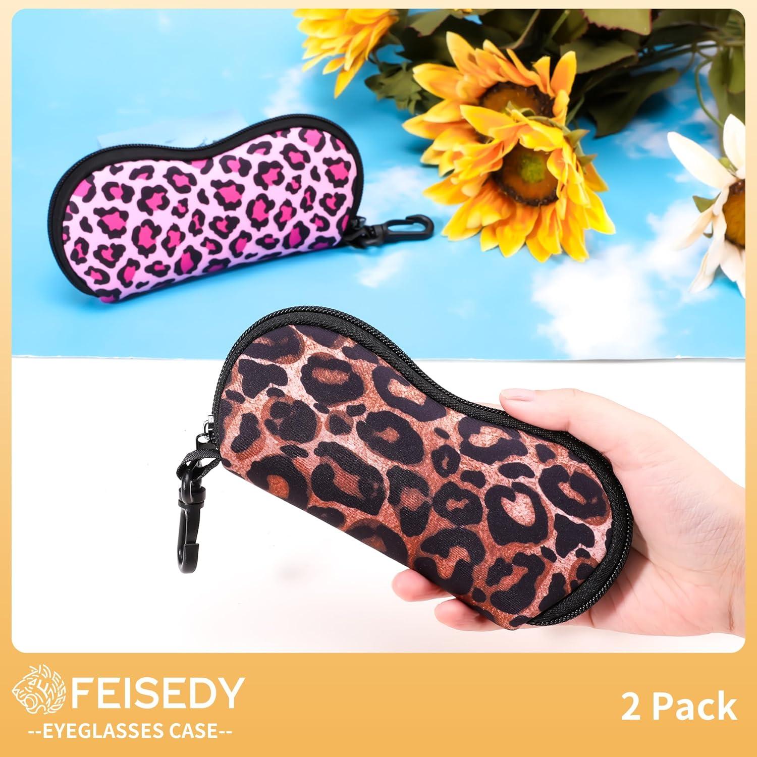 image:imageFEISEDY 2Pack Sunglasses Soft Case Ultra Light Neoprene Zipper Portable Eyeglass Pouch with Belt Clip B0385Yellow Leopard Pink Leopard