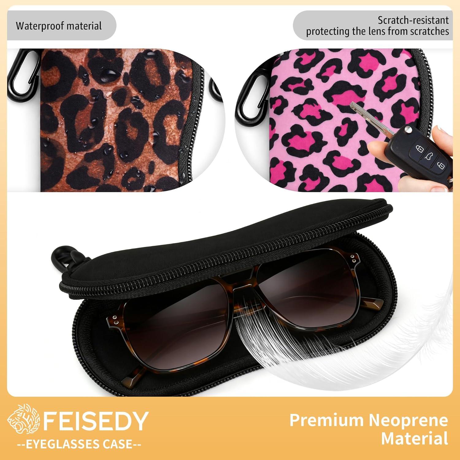 image:imageFEISEDY 2Pack Sunglasses Soft Case Ultra Light Neoprene Zipper Portable Eyeglass Pouch with Belt Clip B0385Yellow Leopard Pink Leopard