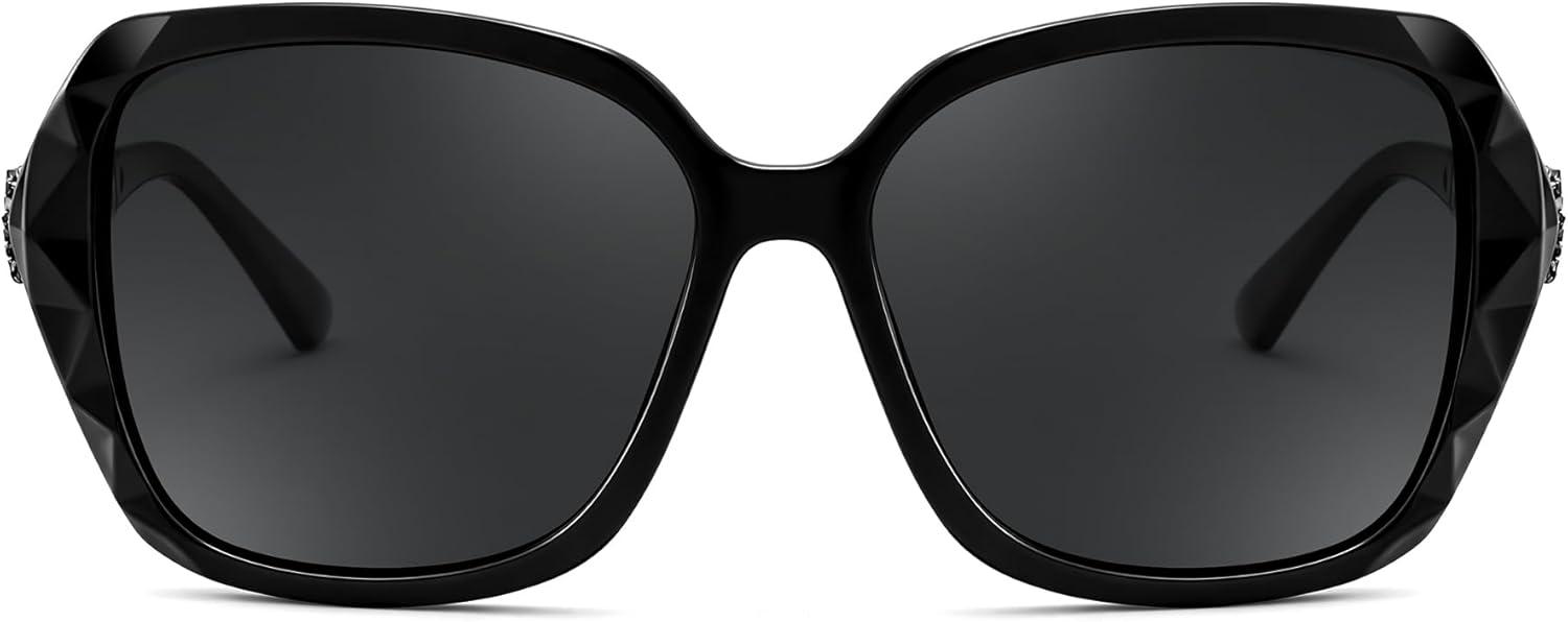 image:imageFEISEDY Polarized Women Square Sunglasses Sparkling Composite Shiny Frame B2289Glossy Black