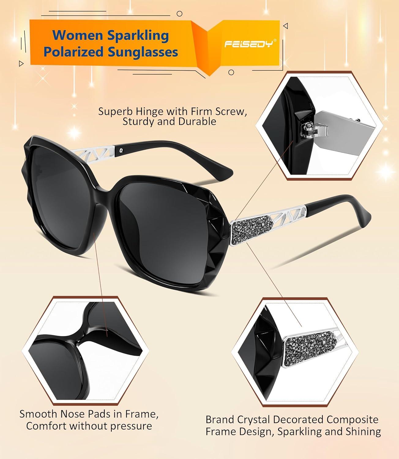 image:imageFEISEDY Polarized Women Square Sunglasses Sparkling Composite Shiny Frame B2289Glossy Black
