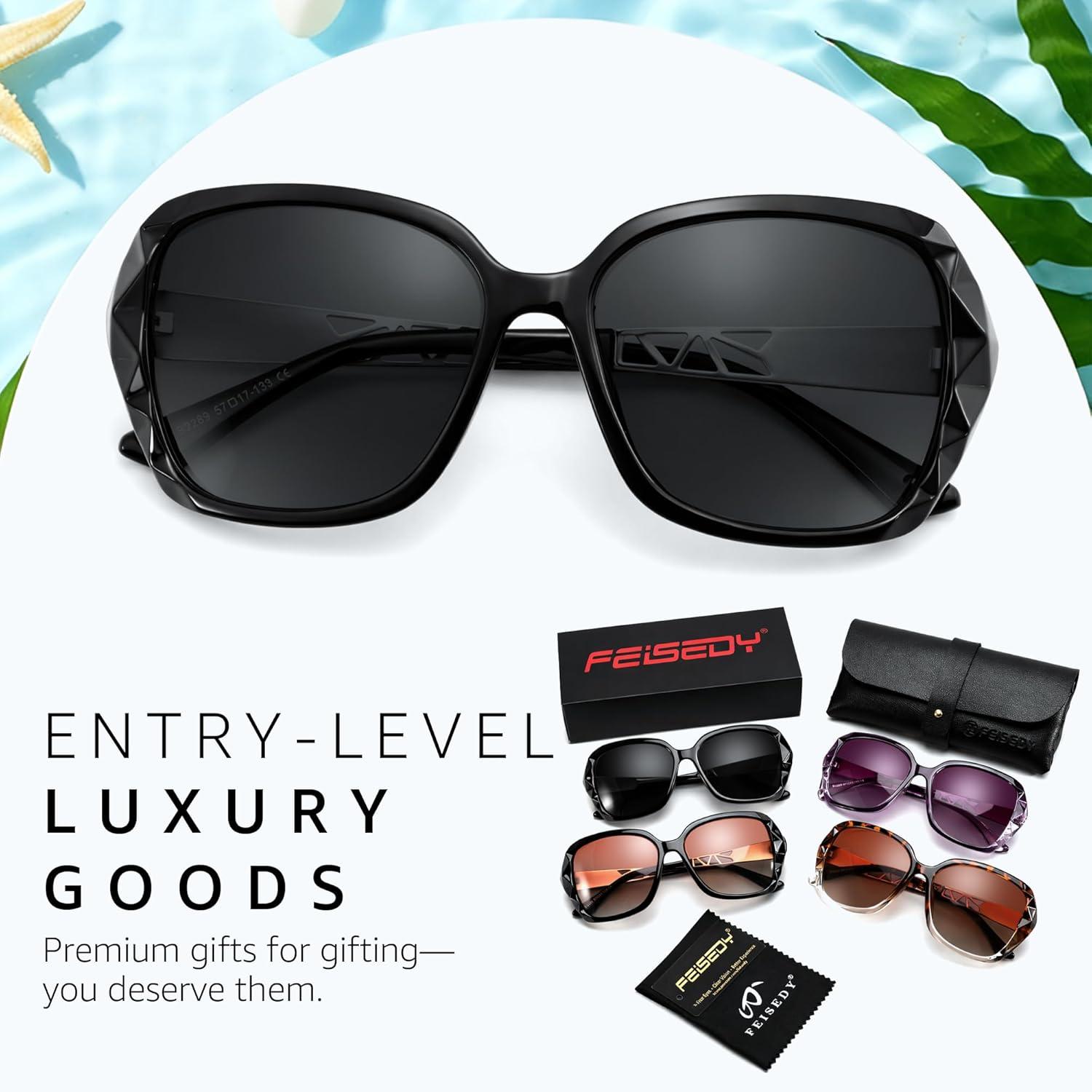 image:imageFEISEDY Polarized Women Square Sunglasses Sparkling Composite Shiny Frame B2289Glossy Black
