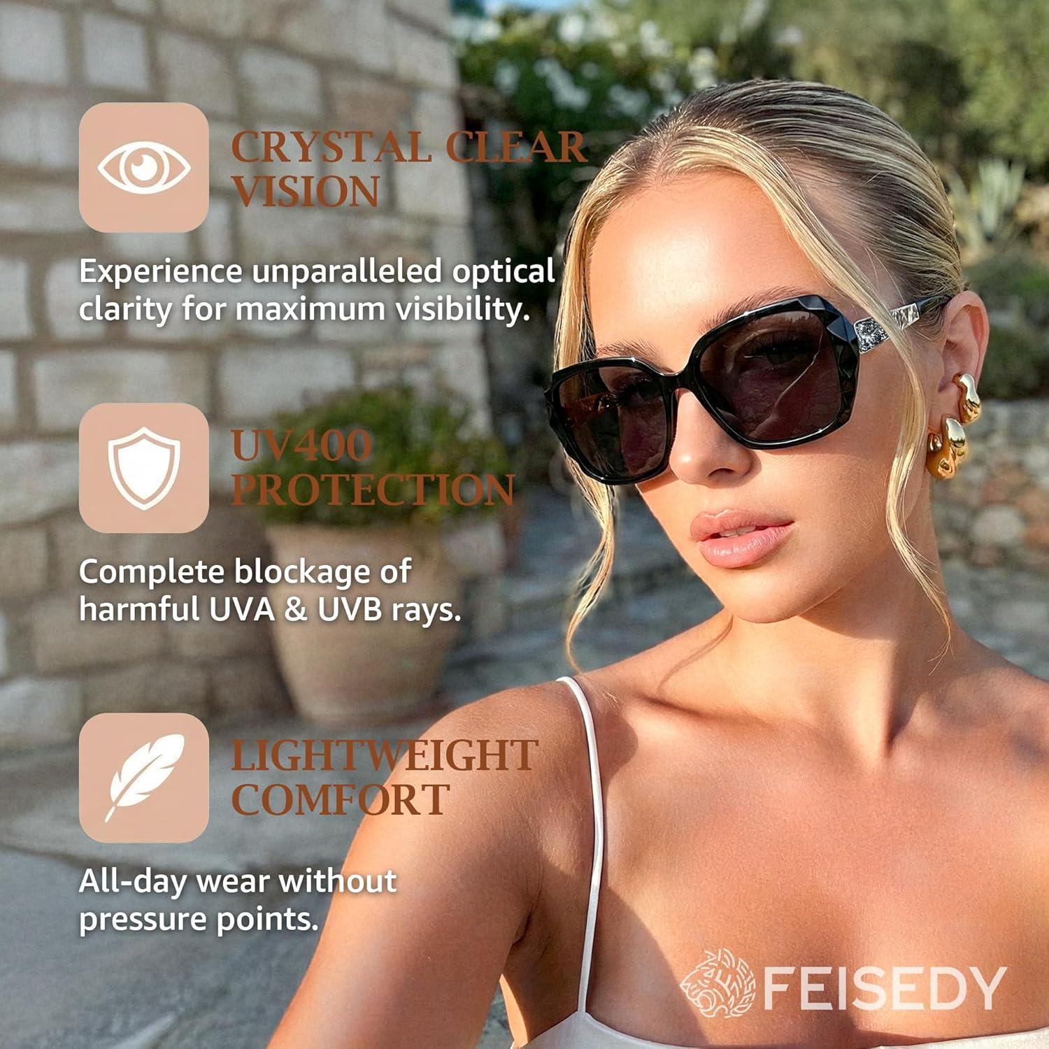image:imageFEISEDY Polarized Women Square Sunglasses Sparkling Composite Shiny Frame B2289Glossy Black