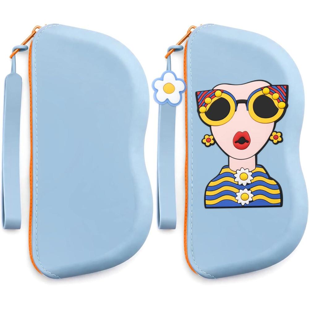 image:imageFEISEDY 2Pack Cartoon Silicone Glasses Pouch with Carrying Strap Cute Protective Eyewear Case for Travel B0386Blue