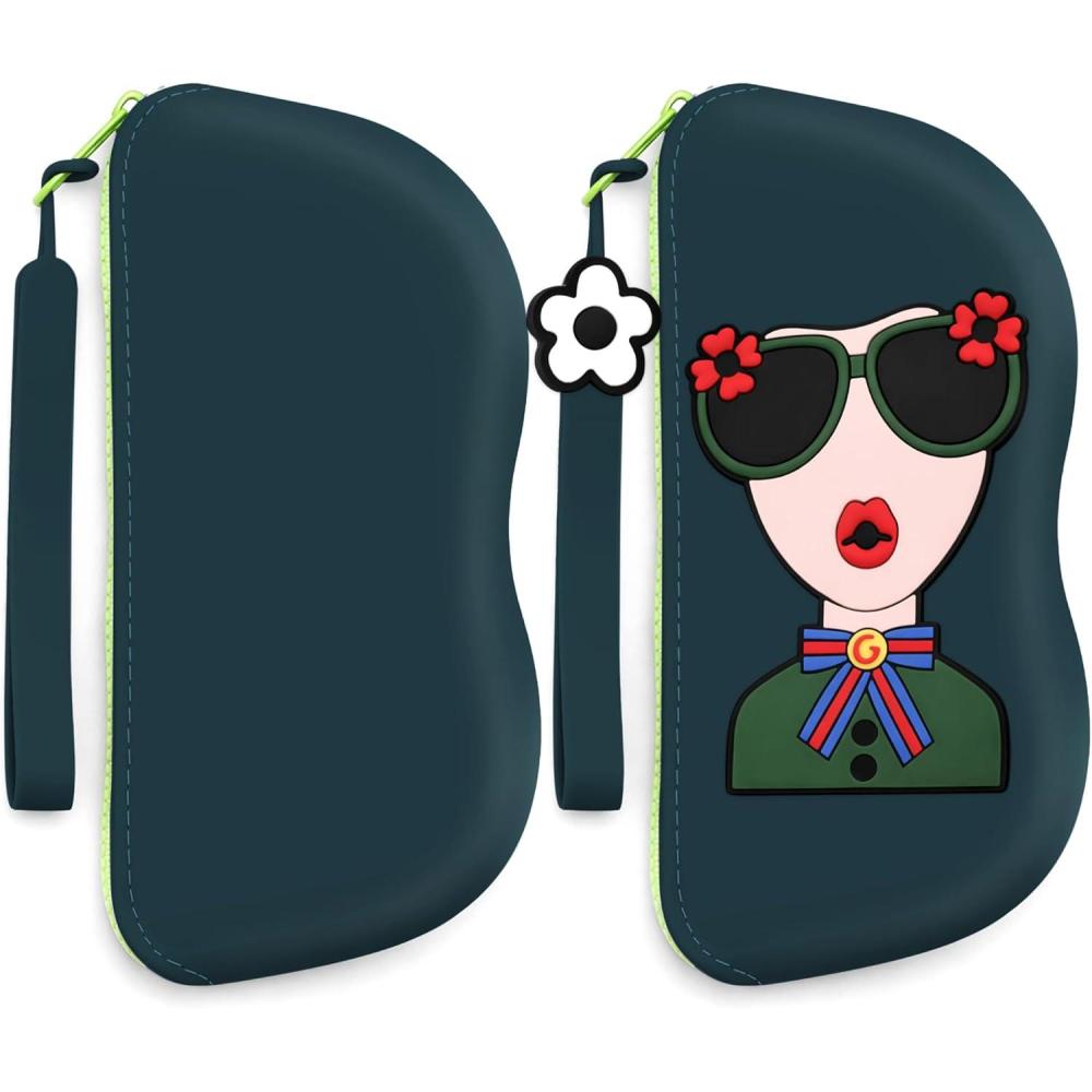 image:imageFEISEDY 2Pack Cartoon Silicone Glasses Pouch with Carrying Strap Cute Protective Eyewear Case for Travel B0386Green