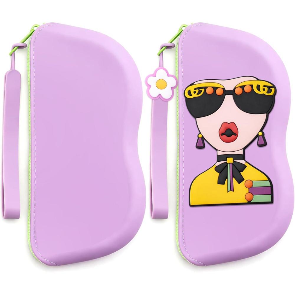 image:imageFEISEDY 2Pack Cartoon Silicone Glasses Pouch with Carrying Strap Cute Protective Eyewear Case for Travel B0386Purple