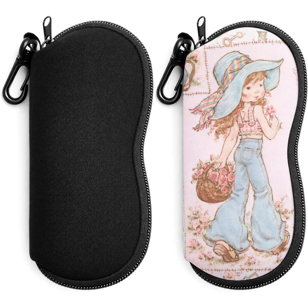 image:imageFEISEDY 2Pack Sunglasses Soft Case Ultra Light Neoprene Zipper Portable Eyeglass Pouch with Belt Clip B0385Black Flower Basket Girl