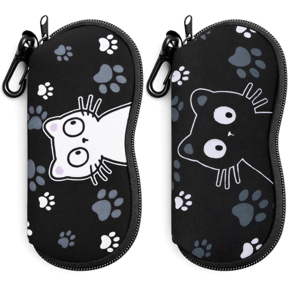 image:imageFEISEDY 2Pack Sunglasses Soft Case Ultra Light Neoprene Zipper Portable Eyeglass Pouch with Belt Clip B0385Black Cat White Cat