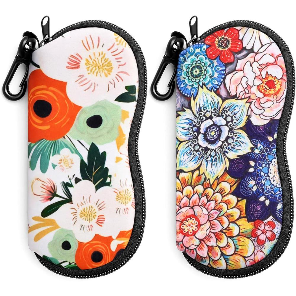 image:imageFEISEDY 2Pack Sunglasses Soft Case Ultra Light Neoprene Zipper Portable Eyeglass Pouch with Belt Clip B0385Three Flowers Brilliant Flowers