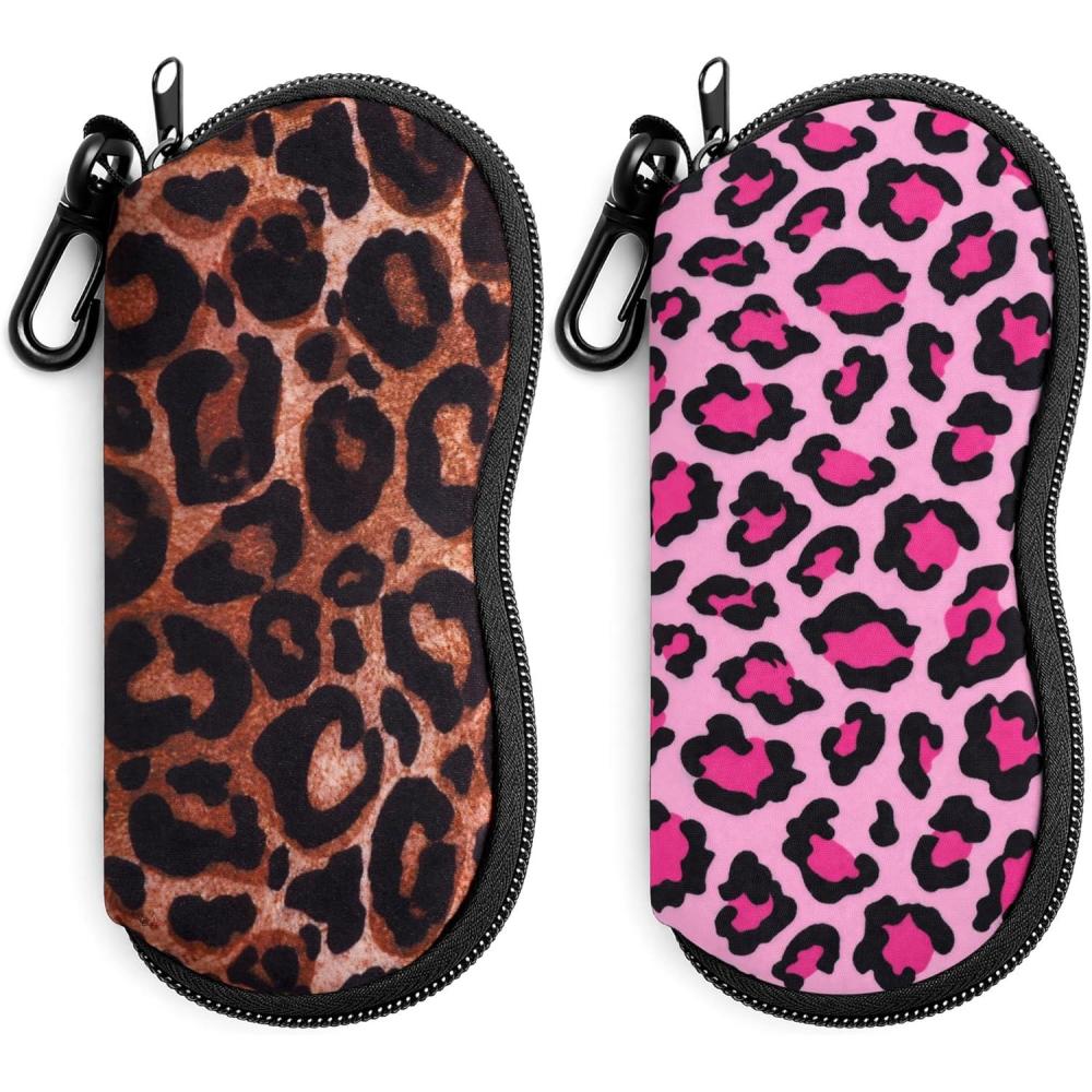 image:imageFEISEDY 2Pack Sunglasses Soft Case Ultra Light Neoprene Zipper Portable Eyeglass Pouch with Belt Clip B0385Yellow Leopard Pink Leopard