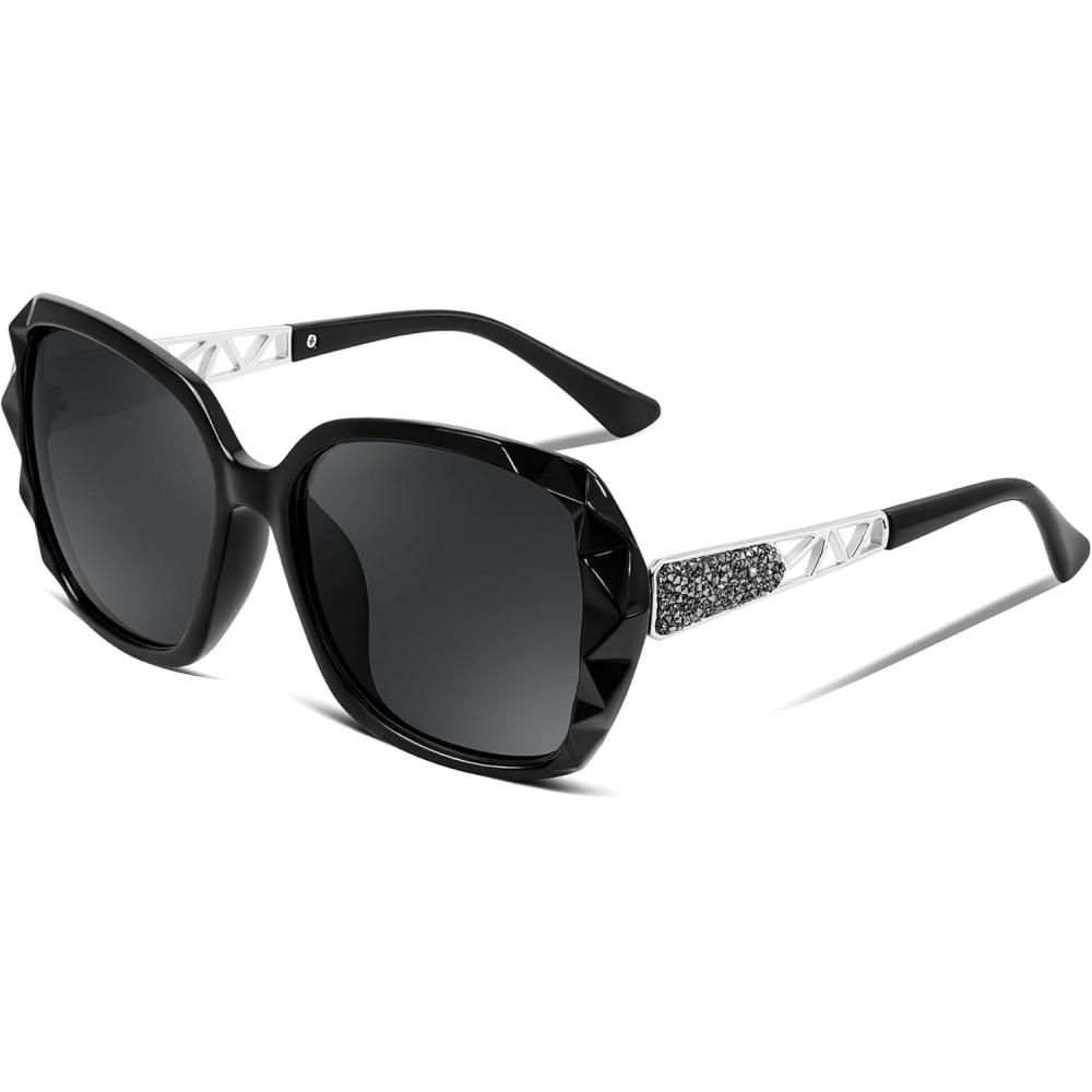 image:imageFEISEDY Polarized Women Square Sunglasses Sparkling Composite Shiny Frame B2289Glossy Black