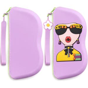 FEISEDY 2Pack Cartoon Silicone Glasses Pouch with Carrying Strap Cute Protective Eyewear Case for Travel B0386(Purple)