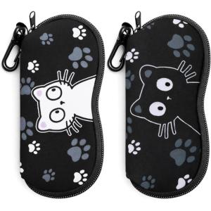 FEISEDY 2Pack Sunglasses Soft Case Ultra Light Neoprene Zipper Portable Eyeglass Pouch with Belt Clip B0385(Black Cat + White Cat)