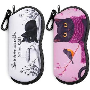 FEISEDY 2Pack Sunglasses Soft Case Ultra Light Neoprene Zipper Portable Eyeglass Pouch with Belt Clip B0385(Coffee Cat + Scarf Cat)