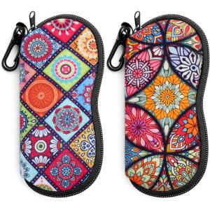 FEISEDY 2Pack Sunglasses Soft Case Ultra Light Neoprene Zipper Portable Eyeglass Pouch with Belt Clip B0385(Mandala Ethnic Style + Colorful Mandala Petals)
