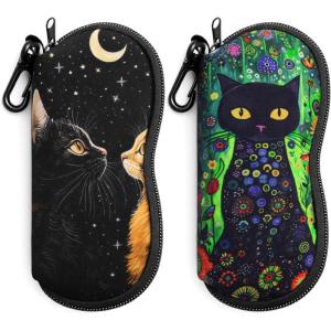 FEISEDY 2Pack Sunglasses Soft Case Ultra Light Neoprene Zipper Portable Eyeglass Pouch with Belt Clip B0385(Moon Cat + Flower Cat)