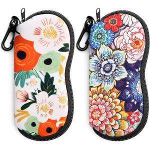 FEISEDY 2Pack Sunglasses Soft Case Ultra Light Neoprene Zipper Portable Eyeglass Pouch with Belt Clip B0385(Three Flowers + Brilliant Flowers)
