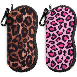 FEISEDY 2Pack Sunglasses Soft Case Ultra Light Neoprene Zipper Portable Eyeglass Pouch with Belt Clip B0385(Yellow Leopard + Pink Leopard)