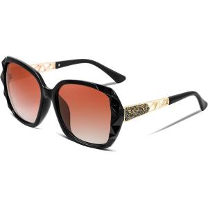 FEISEDY Polarized Women Square Sunglasses Sparkling Composite Shiny Frame B2289(Black/Brown)