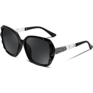 FEISEDY Polarized Women Square Sunglasses Sparkling Composite Shiny Frame B2289(Glossy Black)