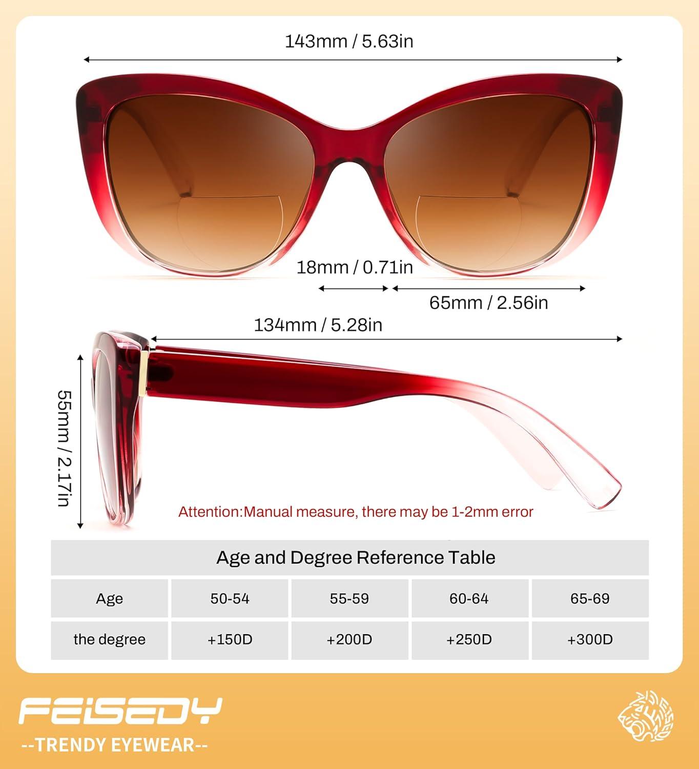 image:imageFEISEDY Cat Eye Bifocal Sunglasses Reader for Women Trendy Sun Readers Outdoor Reading Glasses UV400 Protection B0352Gradual Burgundy