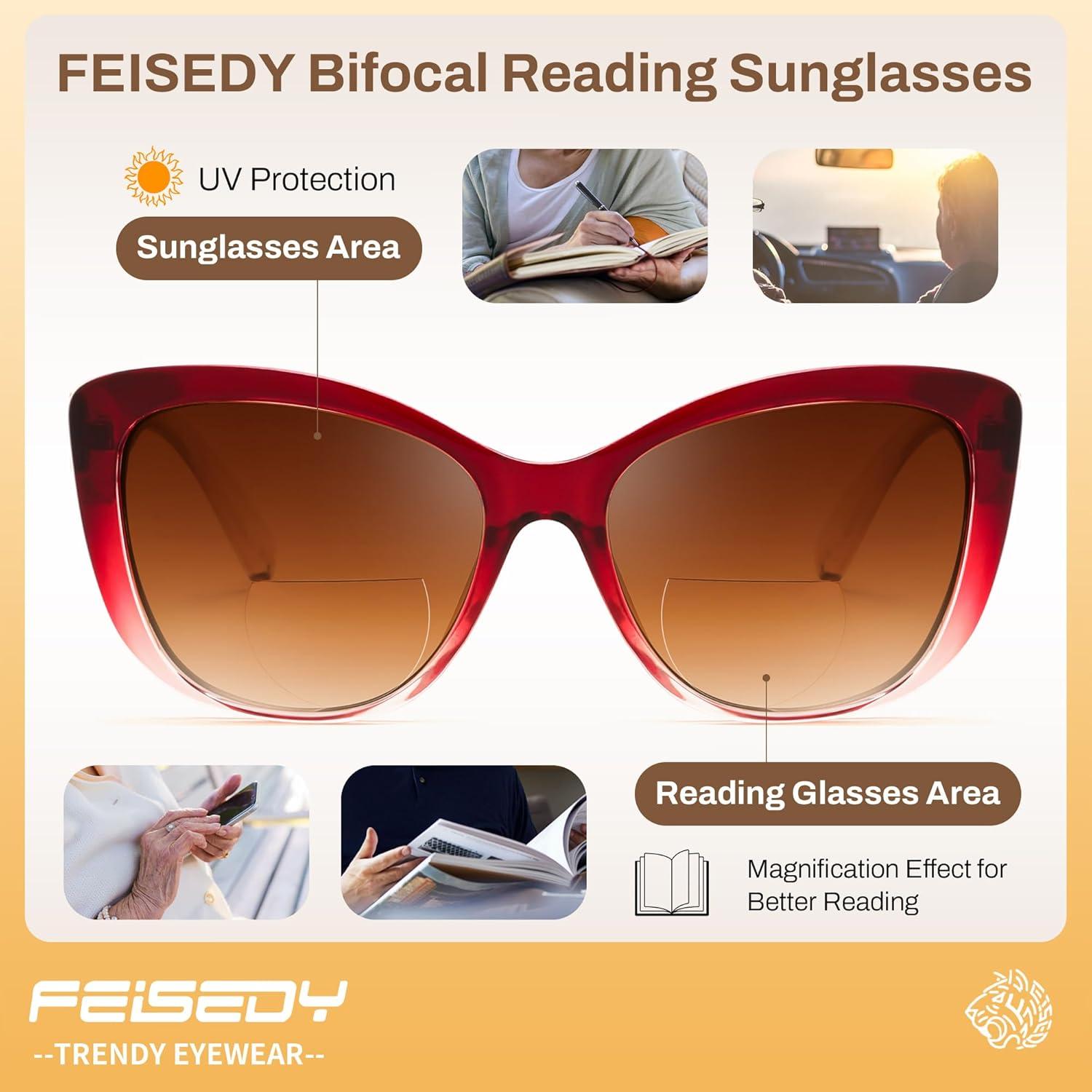 image:imageFEISEDY Cat Eye Bifocal Sunglasses Reader for Women Trendy Sun Readers Outdoor Reading Glasses UV400 Protection B0352Gradual Burgundy