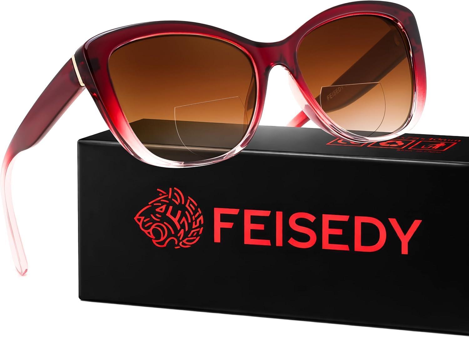 image:imageFEISEDY Cat Eye Bifocal Sunglasses Reader for Women Trendy Sun Readers Outdoor Reading Glasses UV400 Protection B0352Gradual Burgundy