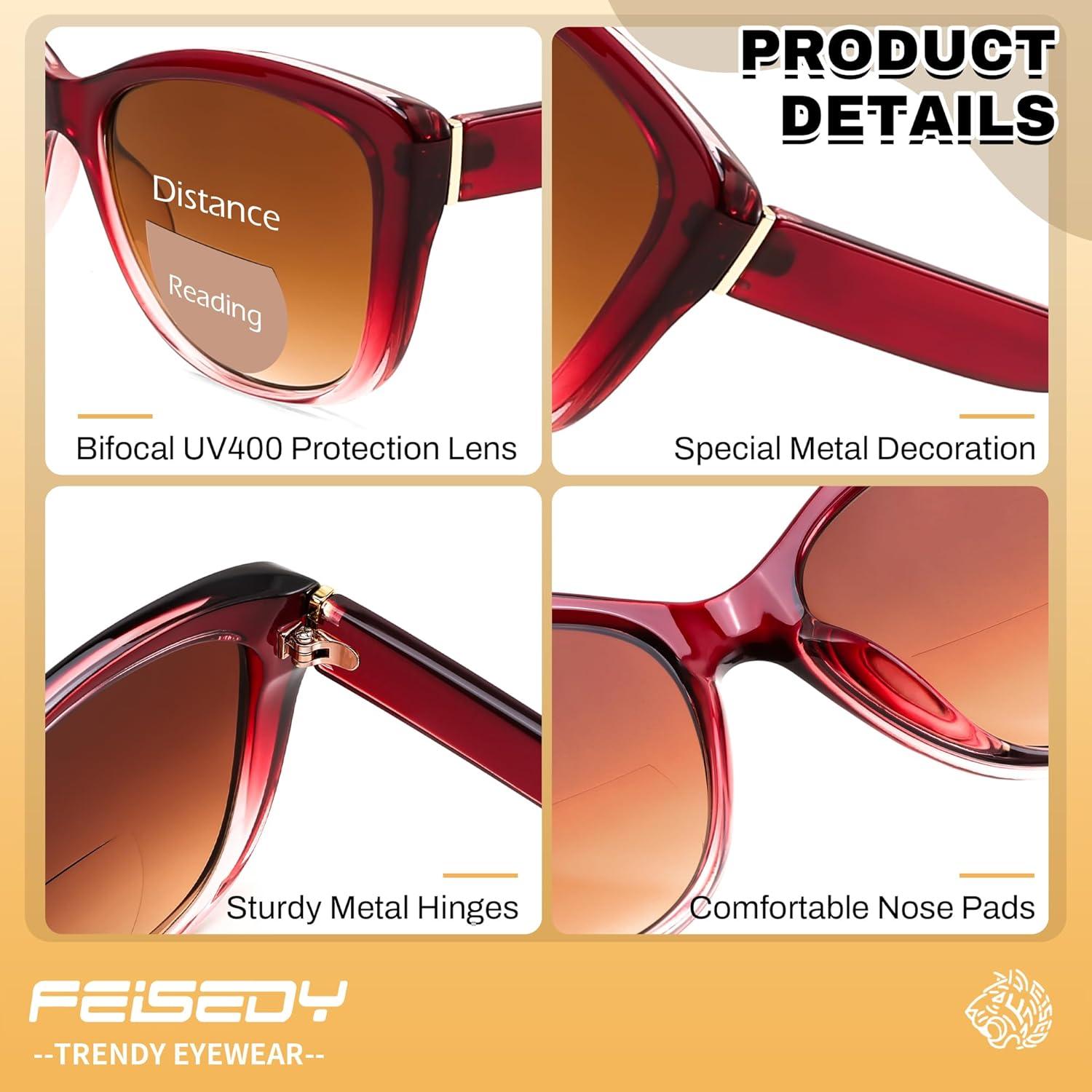 image:imageFEISEDY Cat Eye Bifocal Sunglasses Reader for Women Trendy Sun Readers Outdoor Reading Glasses UV400 Protection B0352Gradual Burgundy