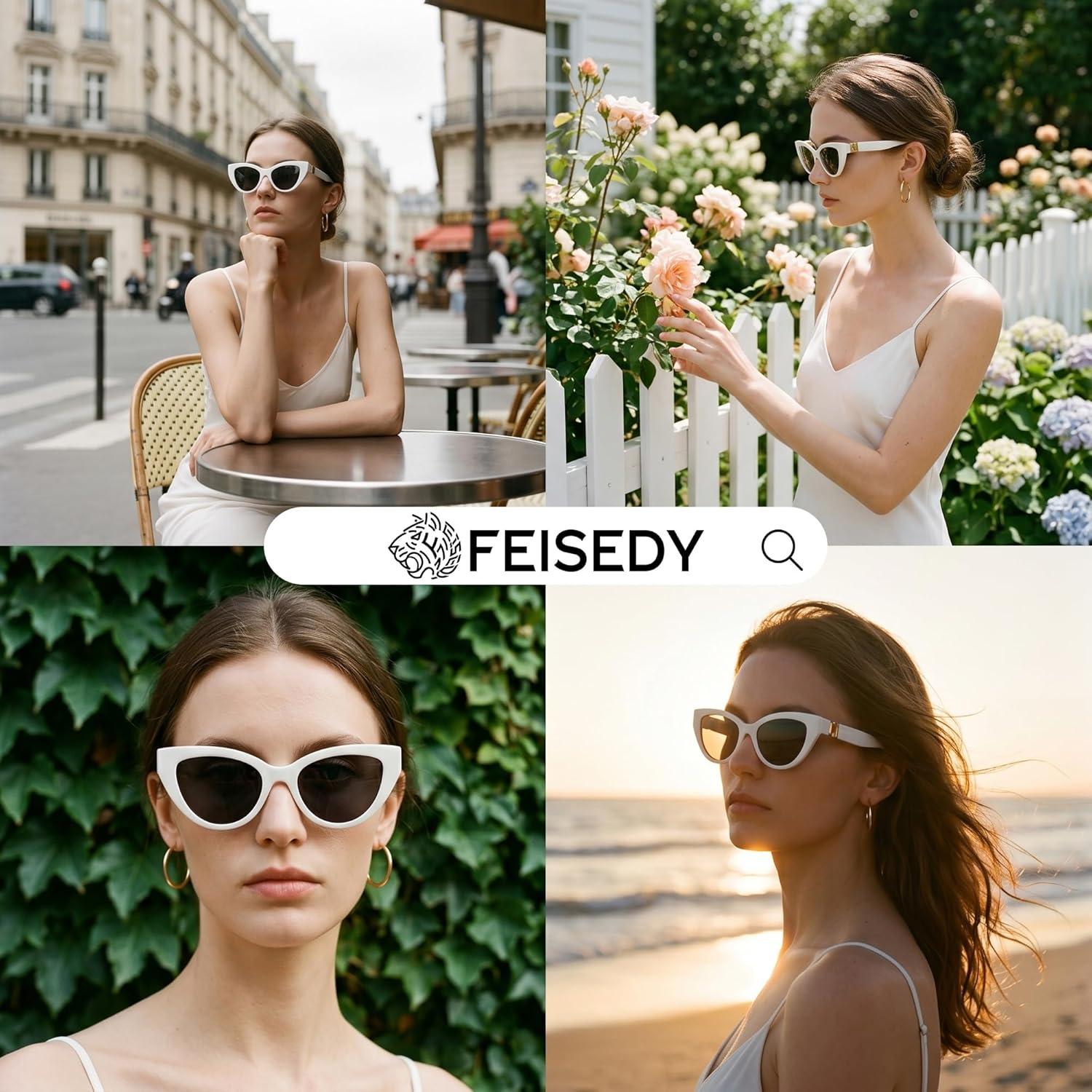 image:imageFEISEDY Cat eye Sunglasses with Polarized and UV400 Protection for Women Retro Stylish for Driving Fishing and Party B0428White Frame Grey Lens